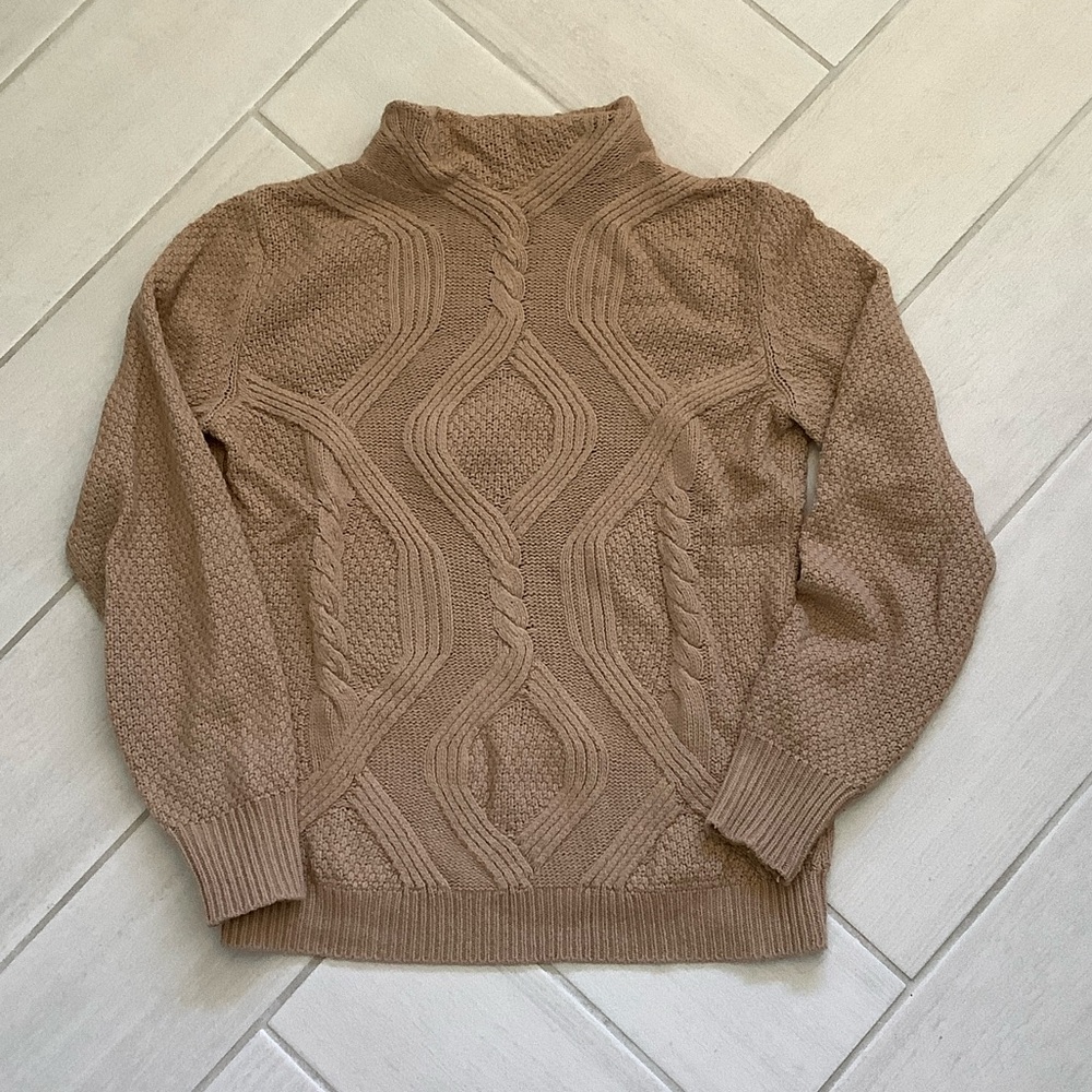 United Colors Of Benetton Women's Tan Cable Knit Turtleneck Sweater
